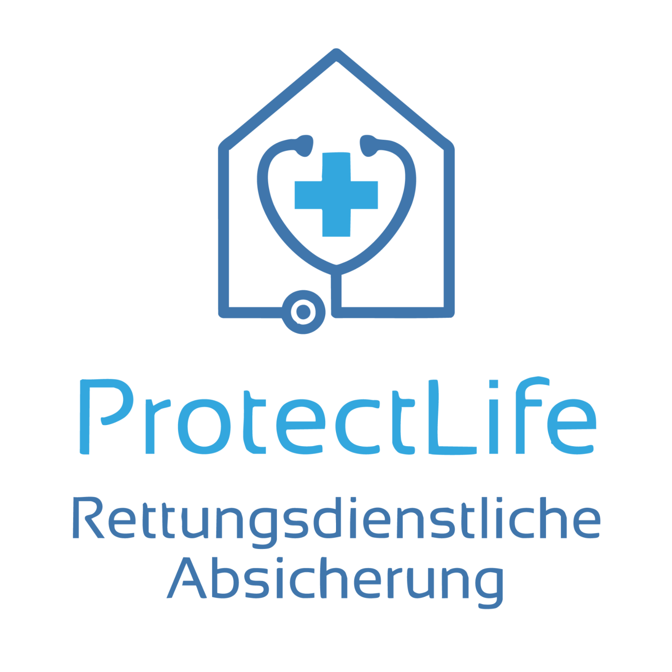 Logo von ProtectLife mit einem Kreuz und einem Stethoskop, betont rettungsdienstliche Absicherung.
