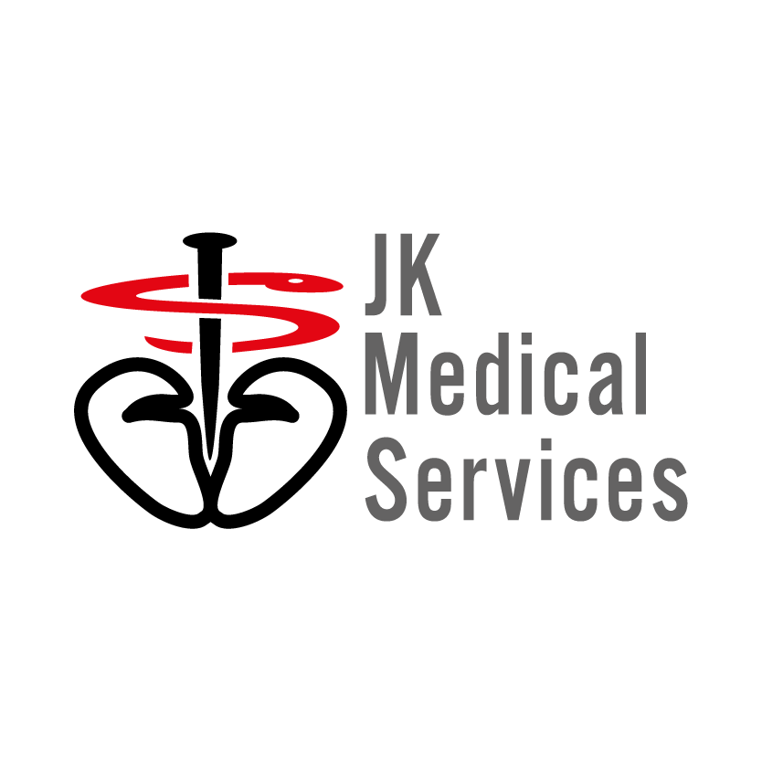 Logo von JK Medical Services mit einem Herzsymbol und einem medizinischen Symbol.